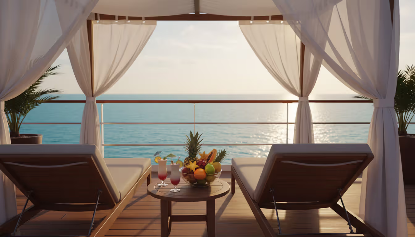 Private cabana area on a cruise ship deck with two lounge chairs, cocktails, and a serene ocean view during golden hour