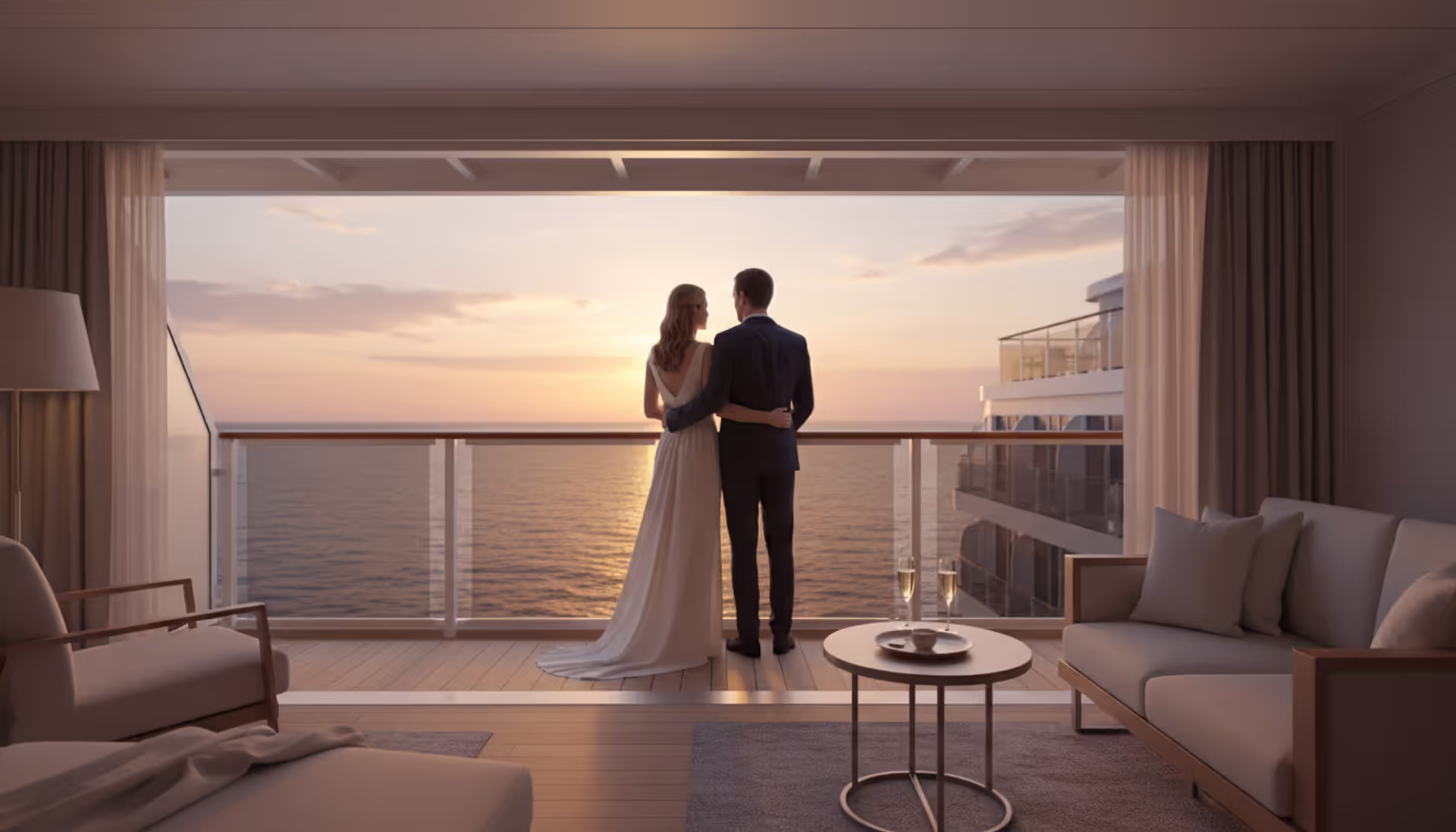 Romantic couple standing on a luxury cruise ship private balcony at sunset with champagne glasses and ocean panorama
