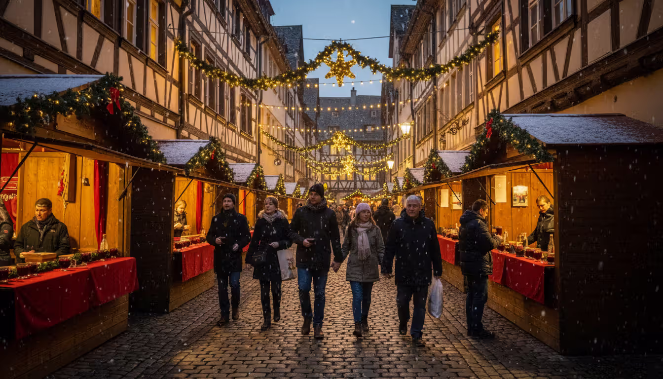 Narrow European old town lane decorated with Christmas lights and garlands with mulled wine stands and half-timbered houses in winter evening