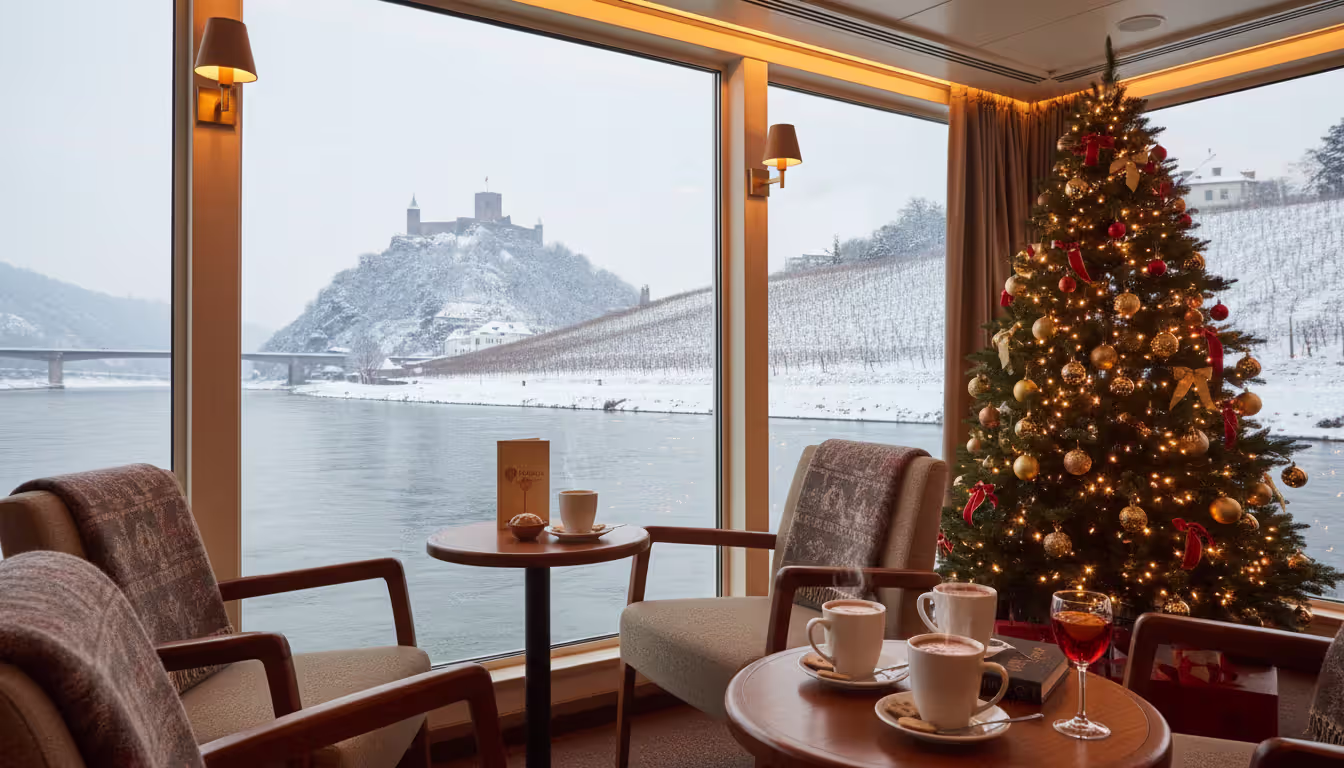 Cozy river cruise ship lounge with panoramic windows showing snowy vineyard landscape and a medieval castle with Christmas tree inside and warm drinks on table