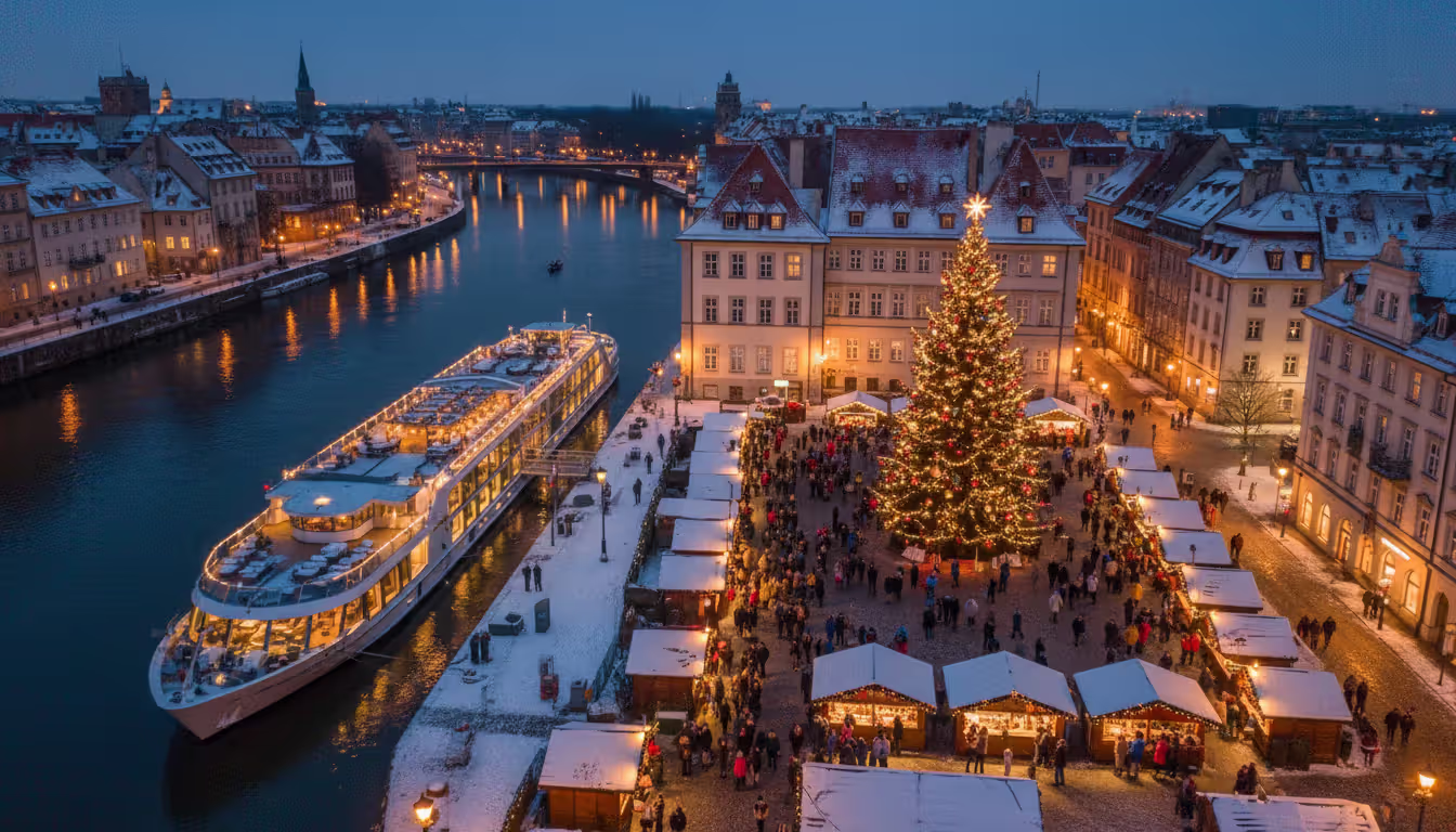 Aerial view of a white river cruise ship docked near a European city Christmas market square with a large decorated tree and historic buildings in winter