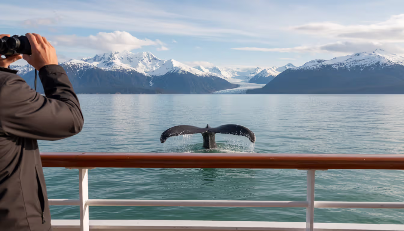 Humpback whale tail fluke rising from calm ocean water near Alaska with snow-capped mountains in background viewed from a cruise ship deck