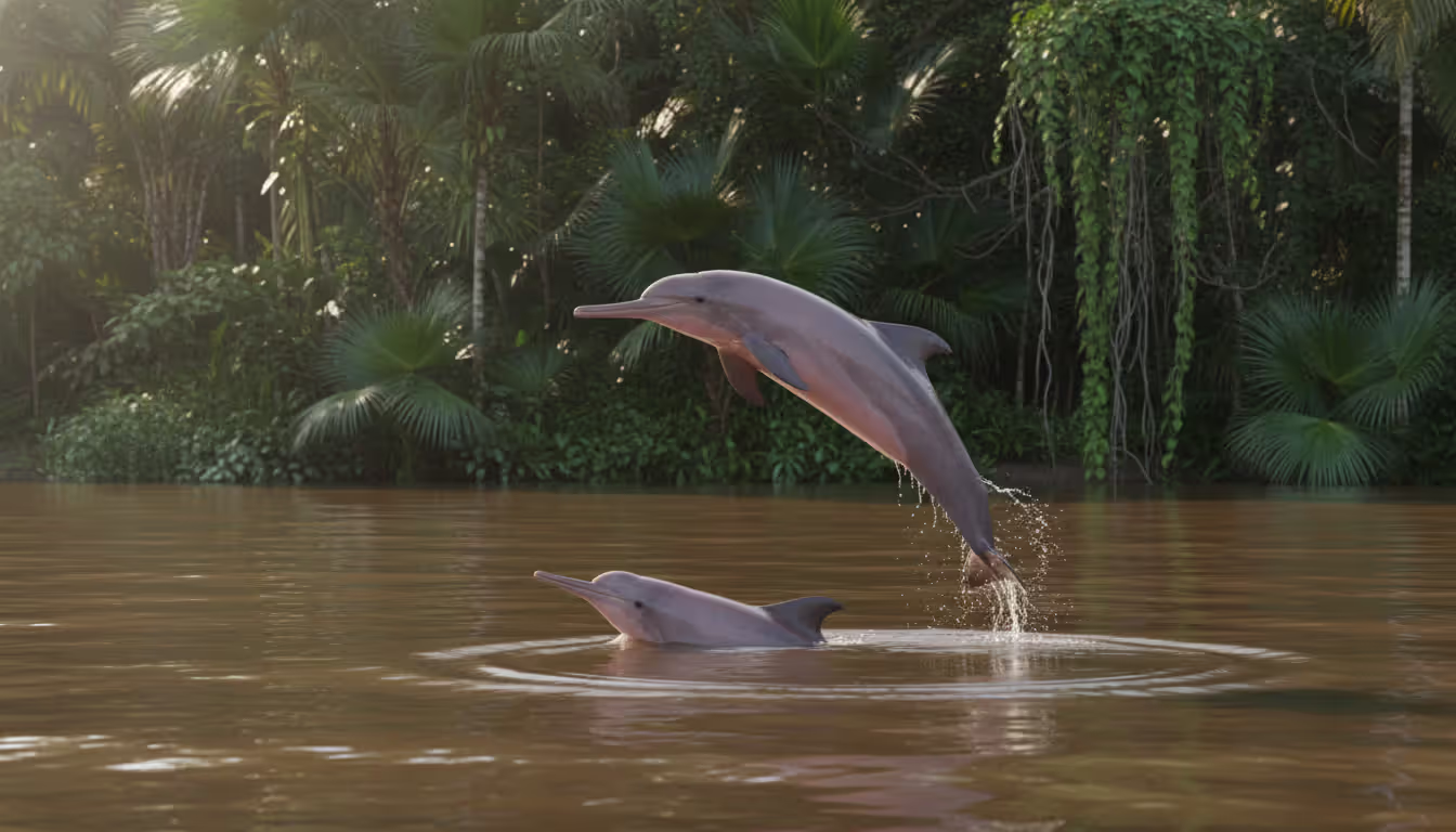 Two pink Amazon river dolphins surfacing in brown river water with lush green rainforest vegetation in the background