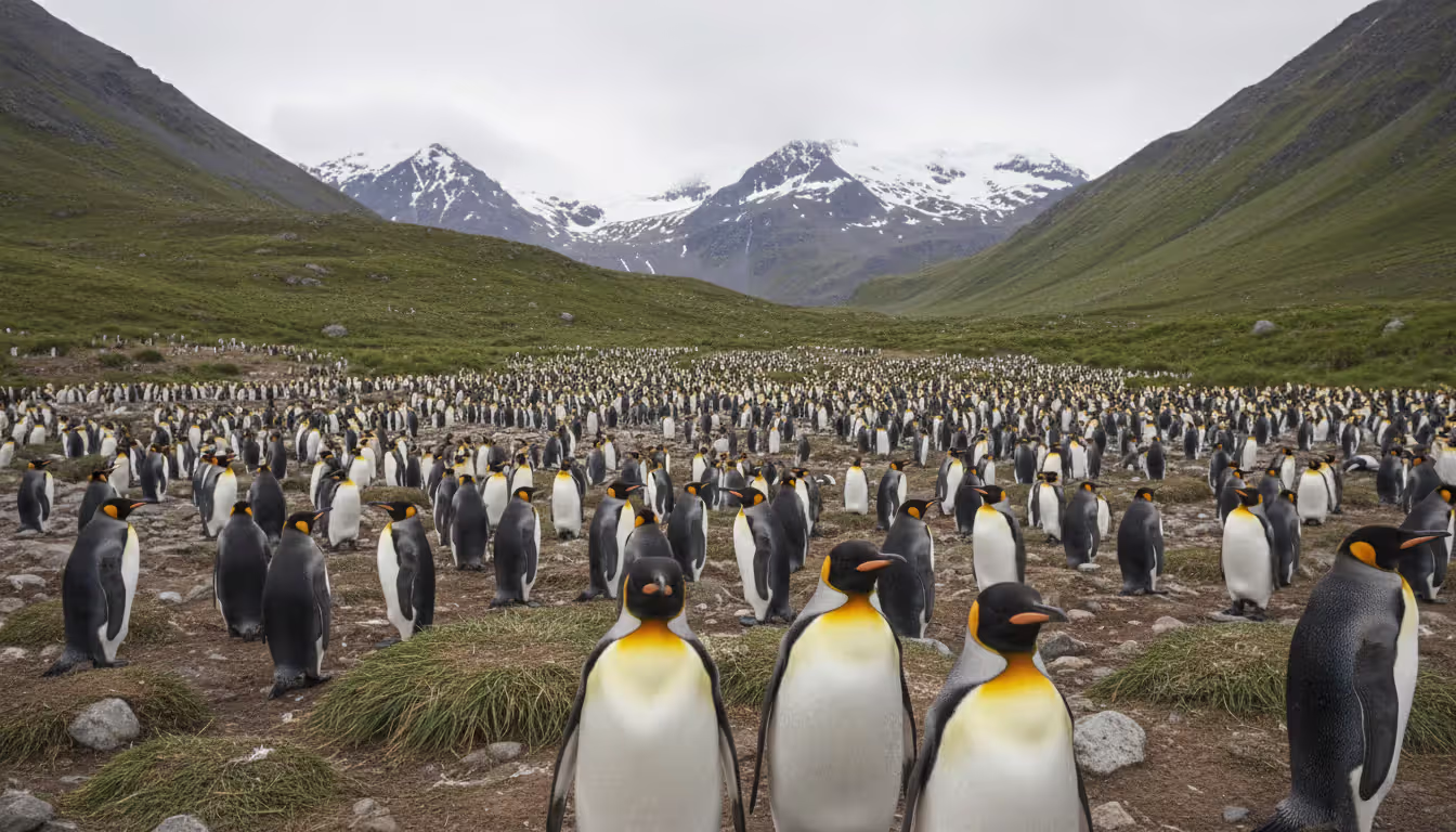 Massive king penguin colony on South Georgia Island with green hills and snow-capped mountains in the background