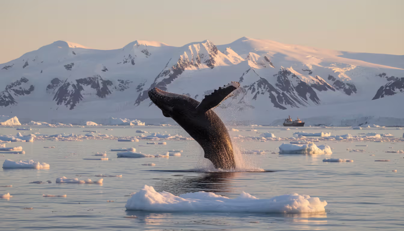 Humpback whale breaching out of Antarctic waters with snow-covered mountains and floating ice in the background and a small expedition ship on the horizon