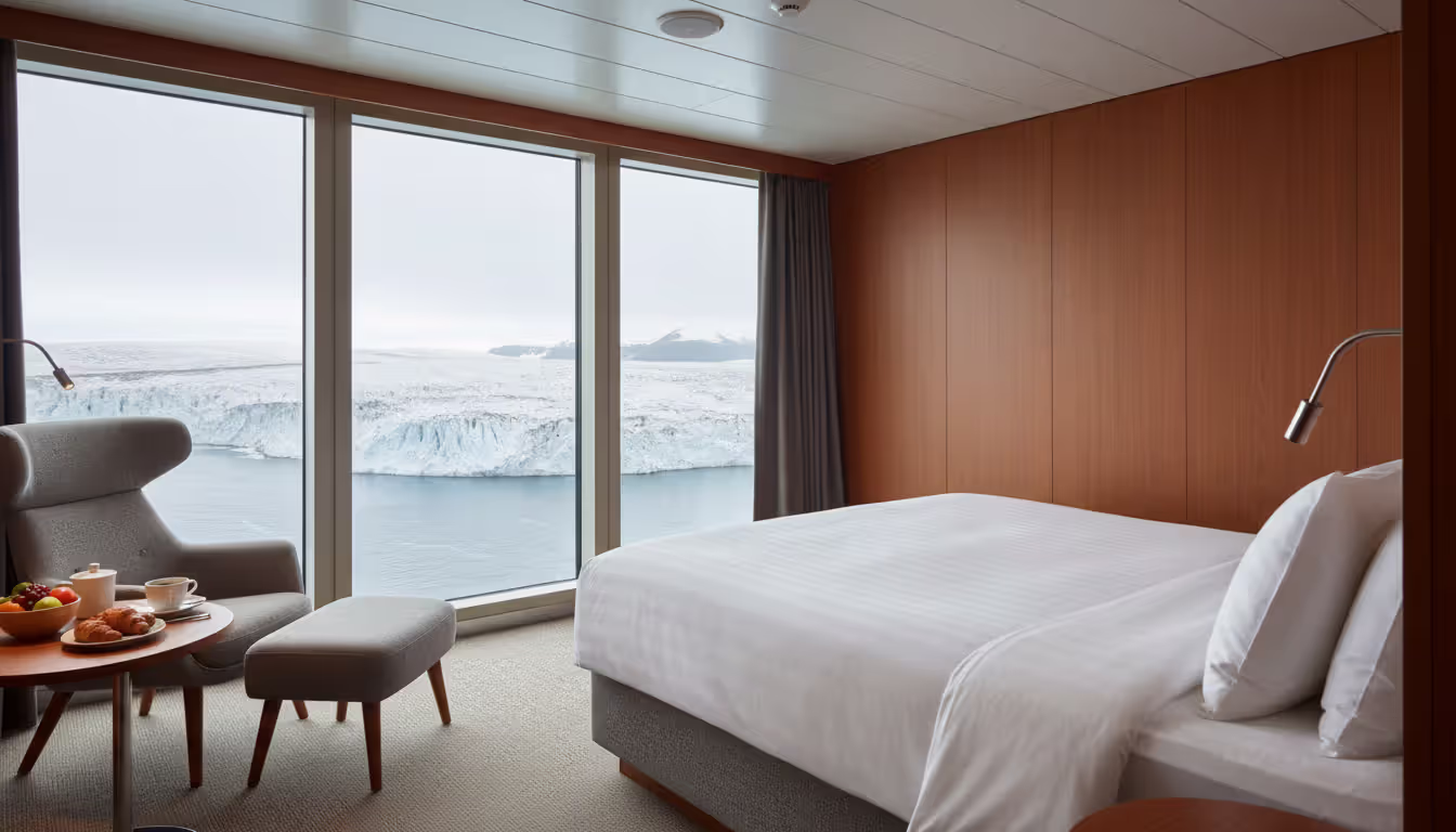 Spacious luxury suite aboard an Arctic expedition ship with panoramic floor-to-ceiling windows overlooking a glacier, elegant bed, and in-suite breakfast
