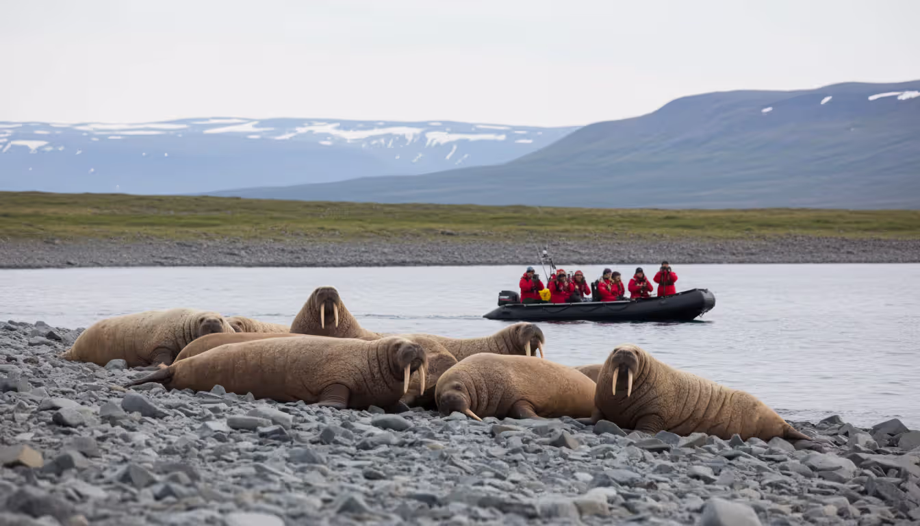 Group of walruses resting on a rocky Svalbard shoreline with passengers in a zodiac boat observing from a safe distance