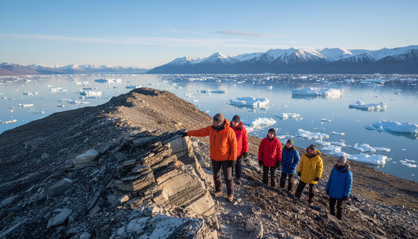 Expedition passengers hiking along an Arctic tundra ridge with a guide examining rock formations overlooking an icy fjord
