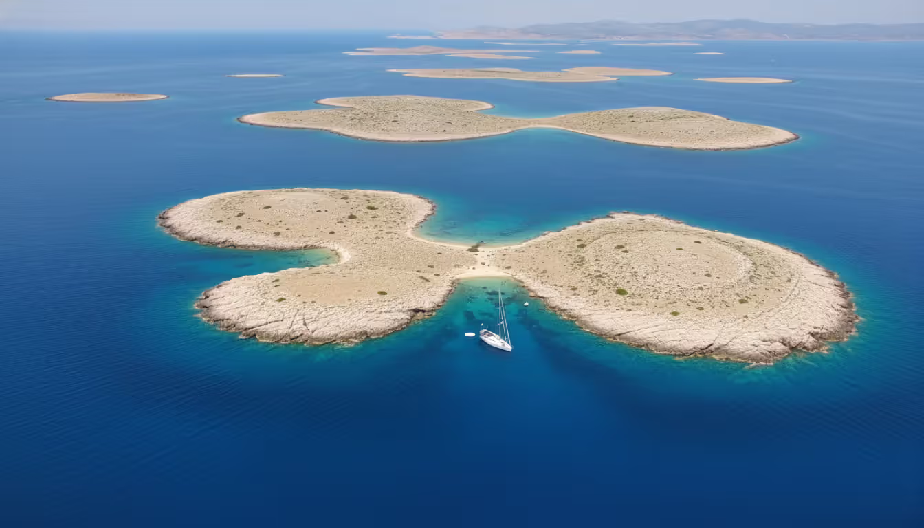 Aerial drone view of Kornati archipelago barren rocky islands in deep blue Adriatic Sea with single white yacht