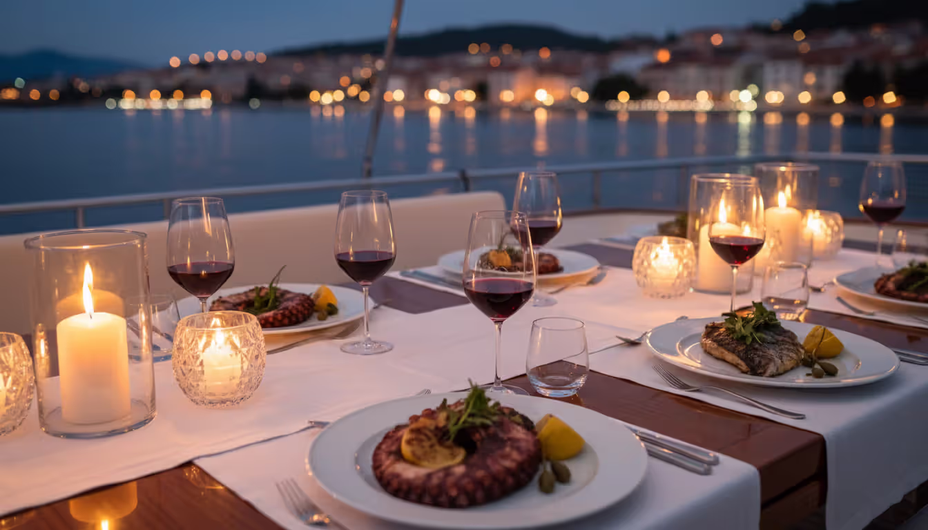Elegant seafood dinner served on yacht open deck at dusk with Croatian coastal town lights in background