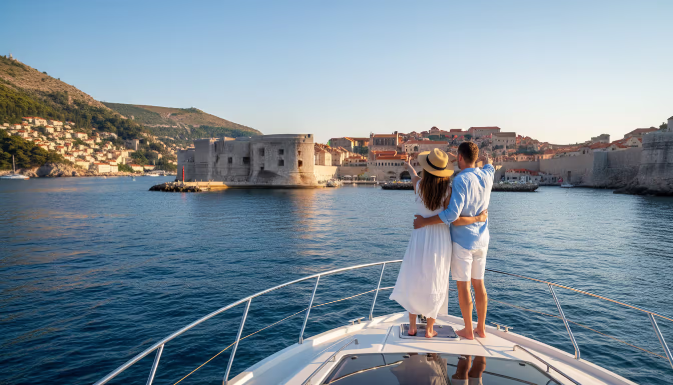 Couple standing on motor yacht bow admiring Dubrovnik old town fortress walls and terracotta roofs from sea