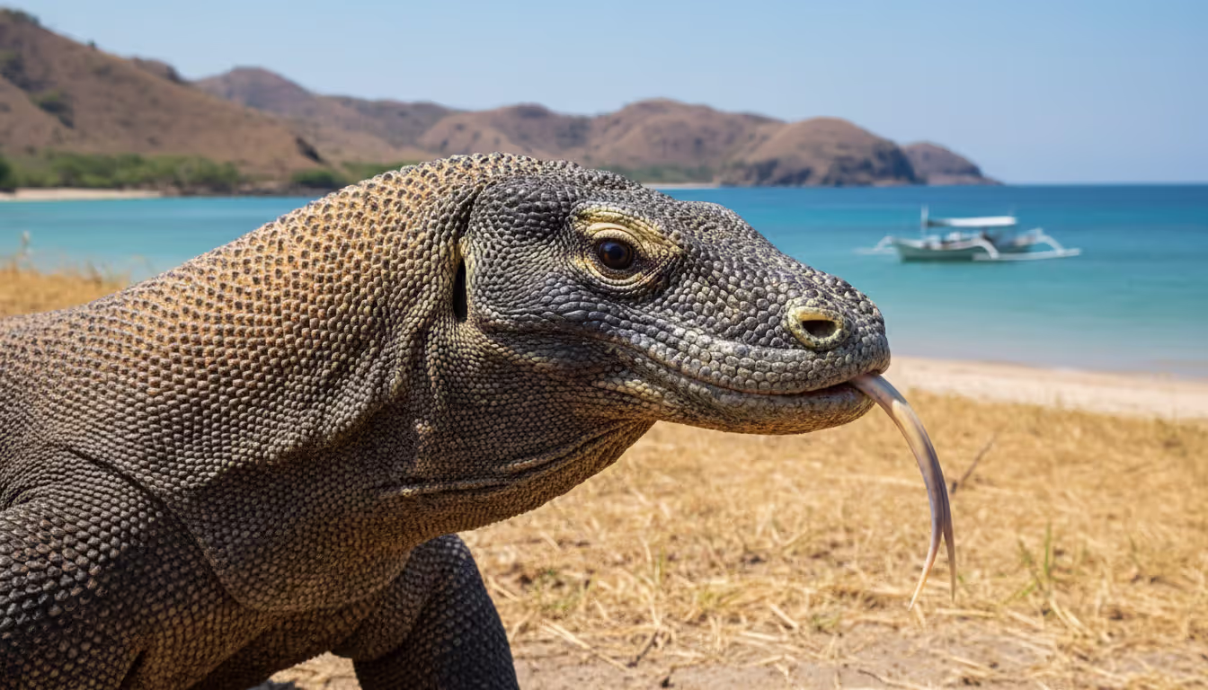 Large Komodo dragon on sandy beach with forked tongue out turquoise ocean bay and hills in background Komodo National Park Indonesia