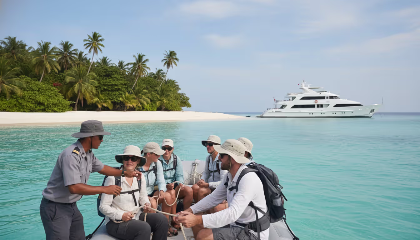 Small group of travelers on inflatable zodiac boat approaching tropical island white sand beach with expedition yacht anchored in background Indonesia