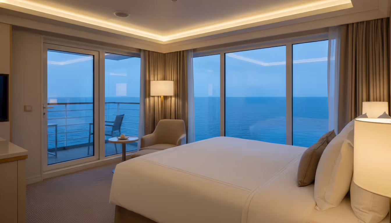 Spacious luxury cruise suite with a king-size bed, panoramic ocean view, private veranda, and elegant beige-gold minimalist interior