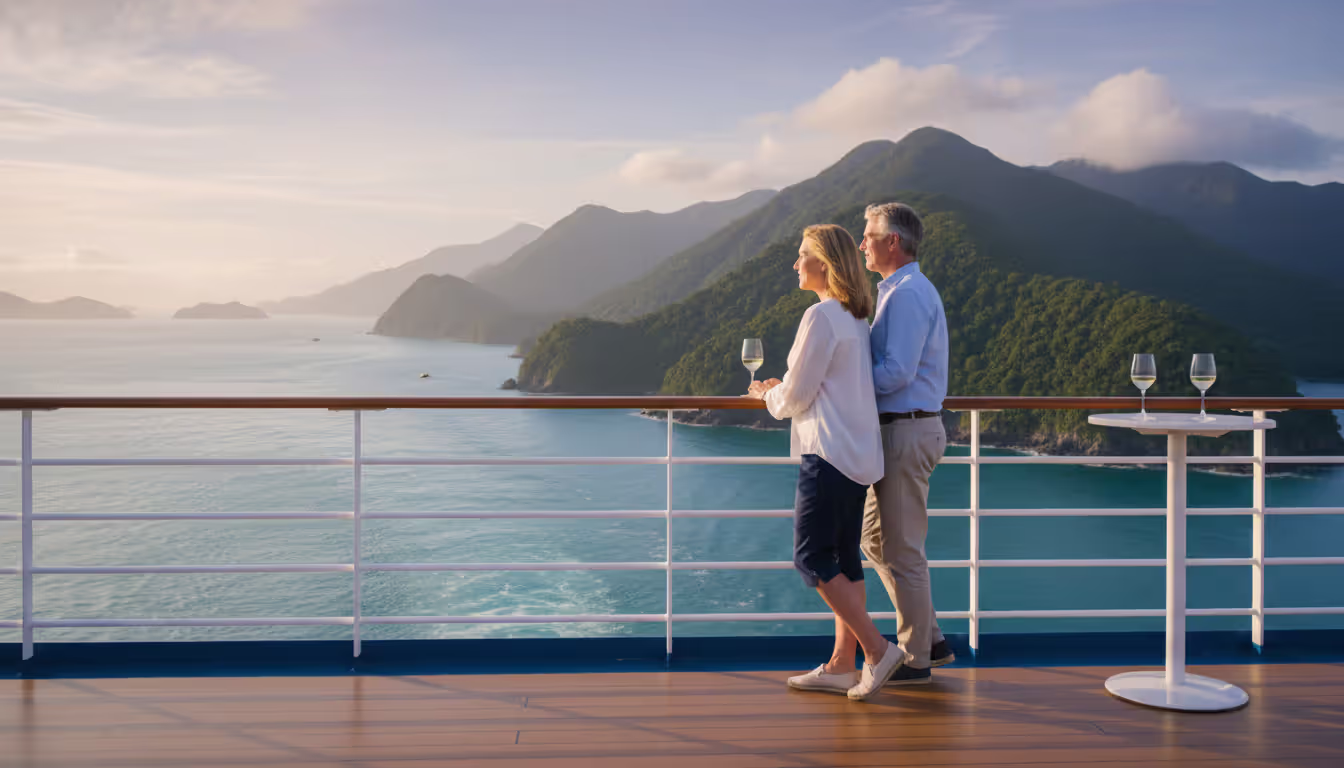 Middle-aged couple in smart casual attire standing on a luxury cruise ship deck with white wine glasses, overlooking lush green New Zealand mountains at golden hour
