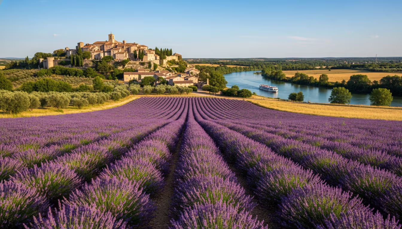 Lavender fields in Provence France with a medieval hilltop village and a small river cruise ship on the Rhone River in the distance