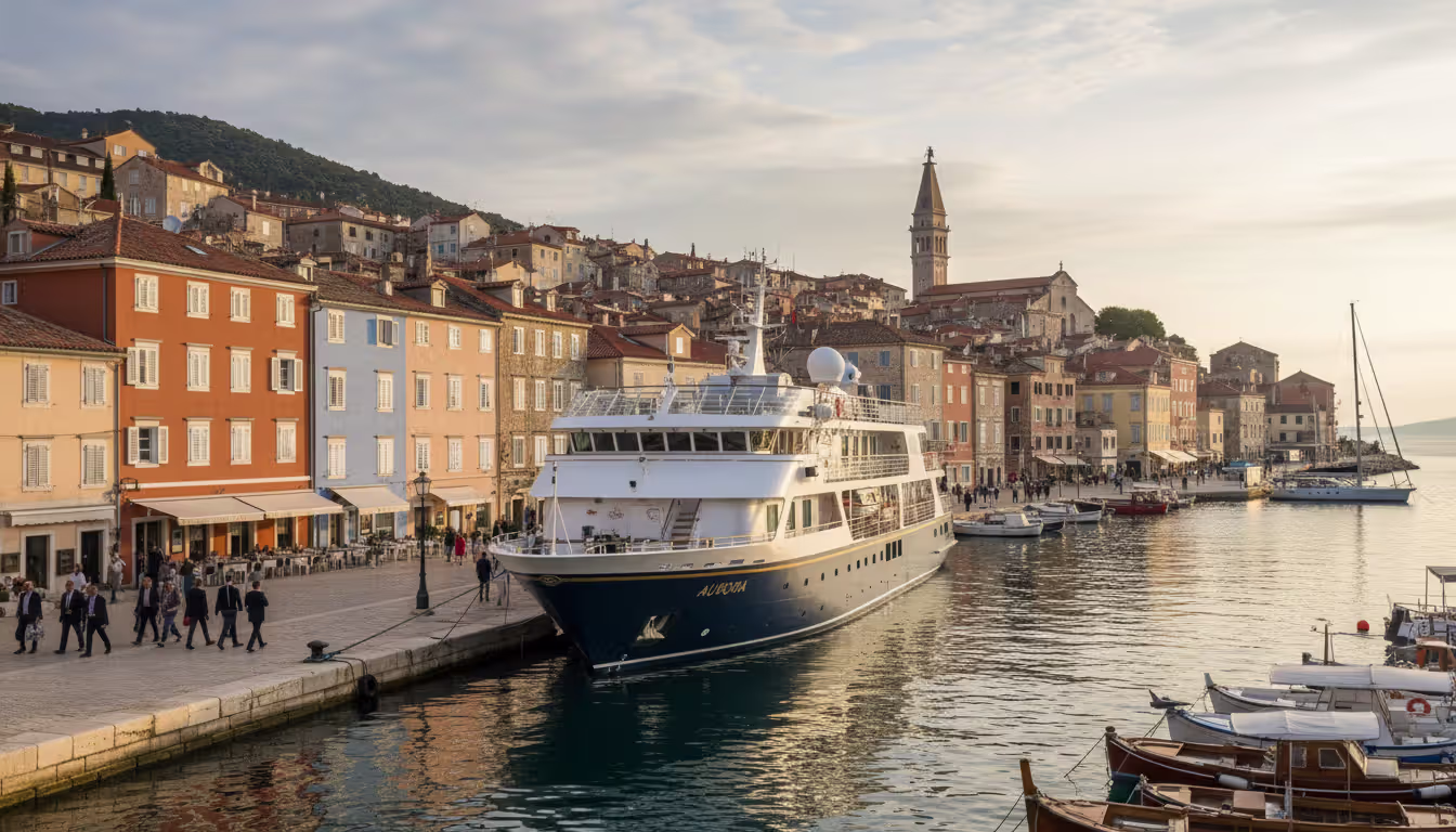 Small luxury cruise ship docked in a historic European old town harbor with colorful buildings and cobblestone streets nearby
