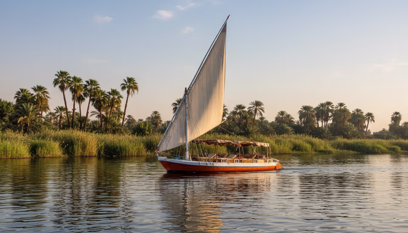 Traditional Egyptian dahabiya sailboat with white sails cruising on the calm Nile River with reed banks and palm groves in the background