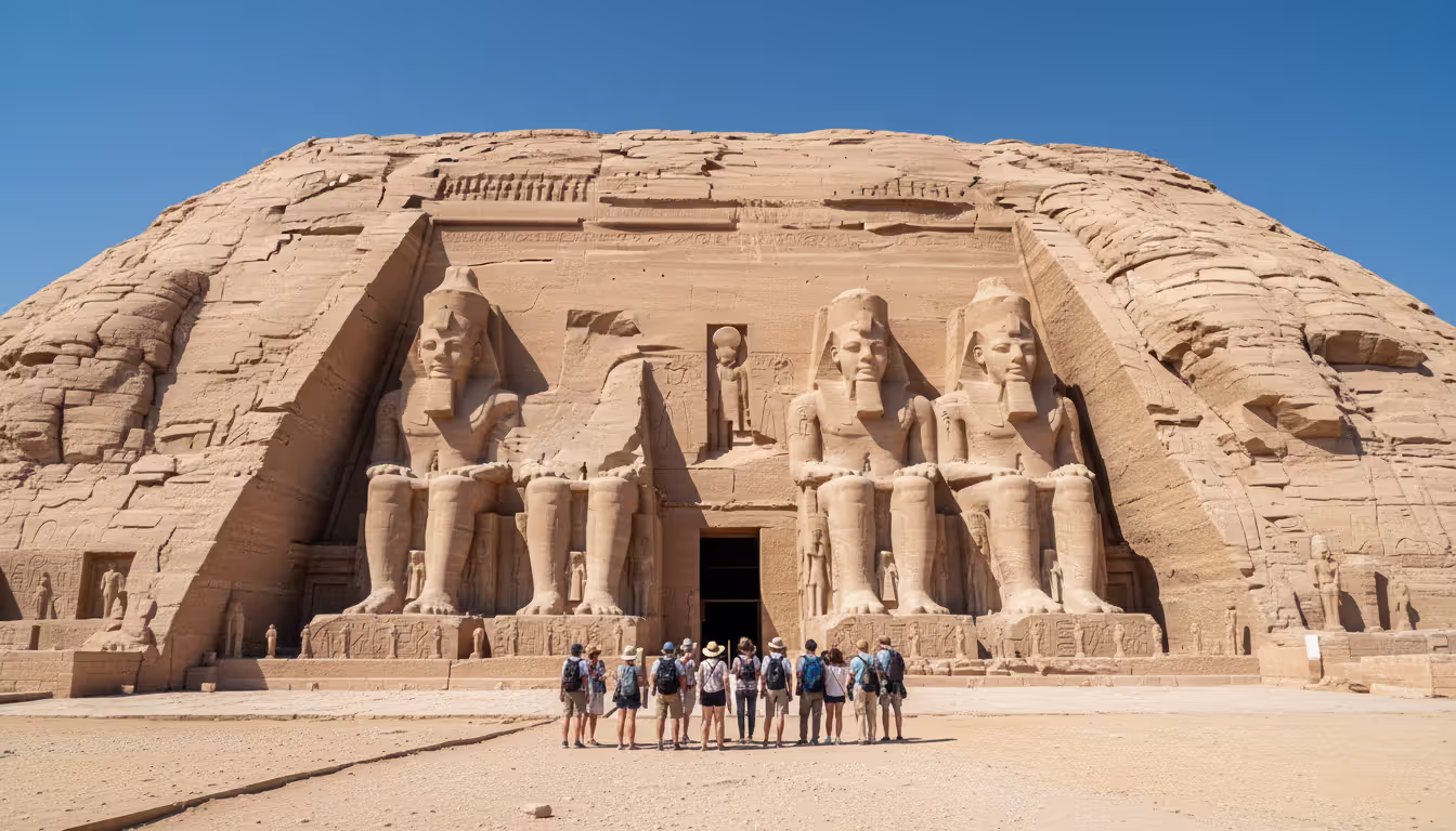 Monumental facade of Abu Simbel temple with four colossal seated statues of Ramesses II carved into rock with tourists showing scale