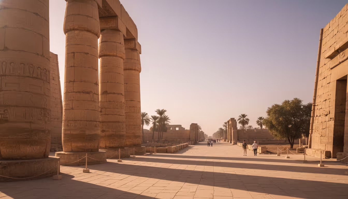 Early morning golden light illuminating massive columns of Karnak Temple in Luxor with long shadows and very few visitors
