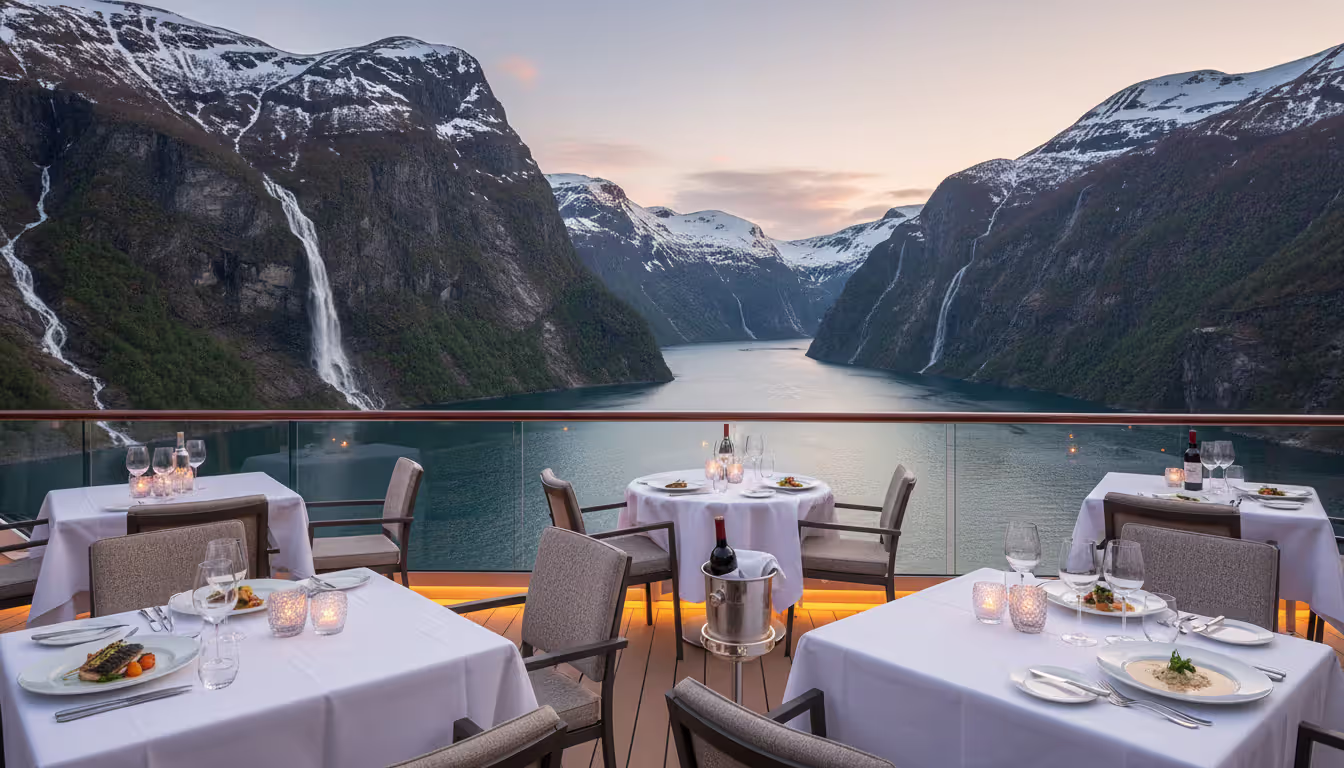 Elegant outdoor dining on a small cruise ship deck with fine cuisine and Norwegian fjord scenery in the background
