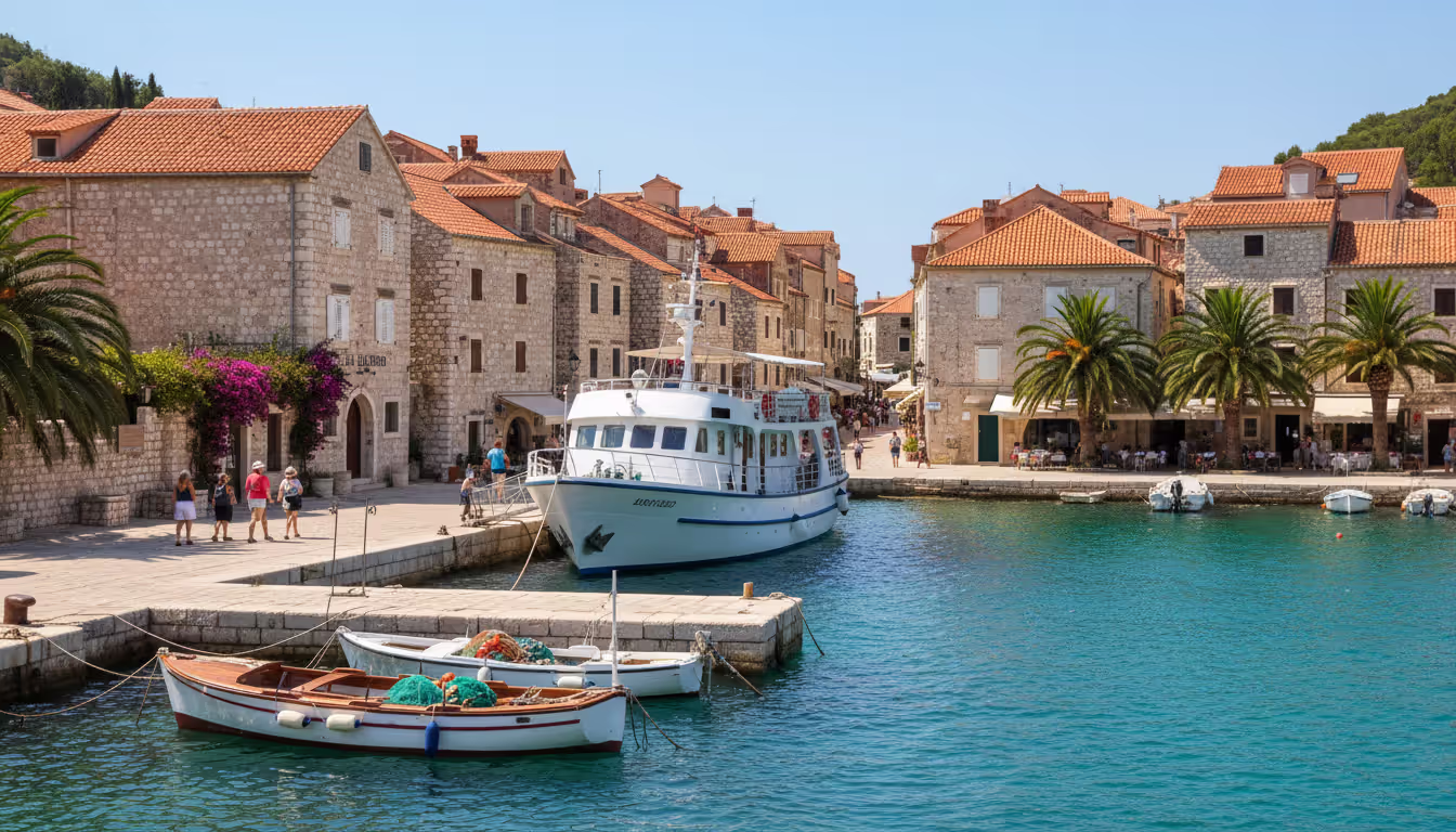 Small white cruise ship docked at a quaint Mediterranean village waterfront with stone houses and fishing boats