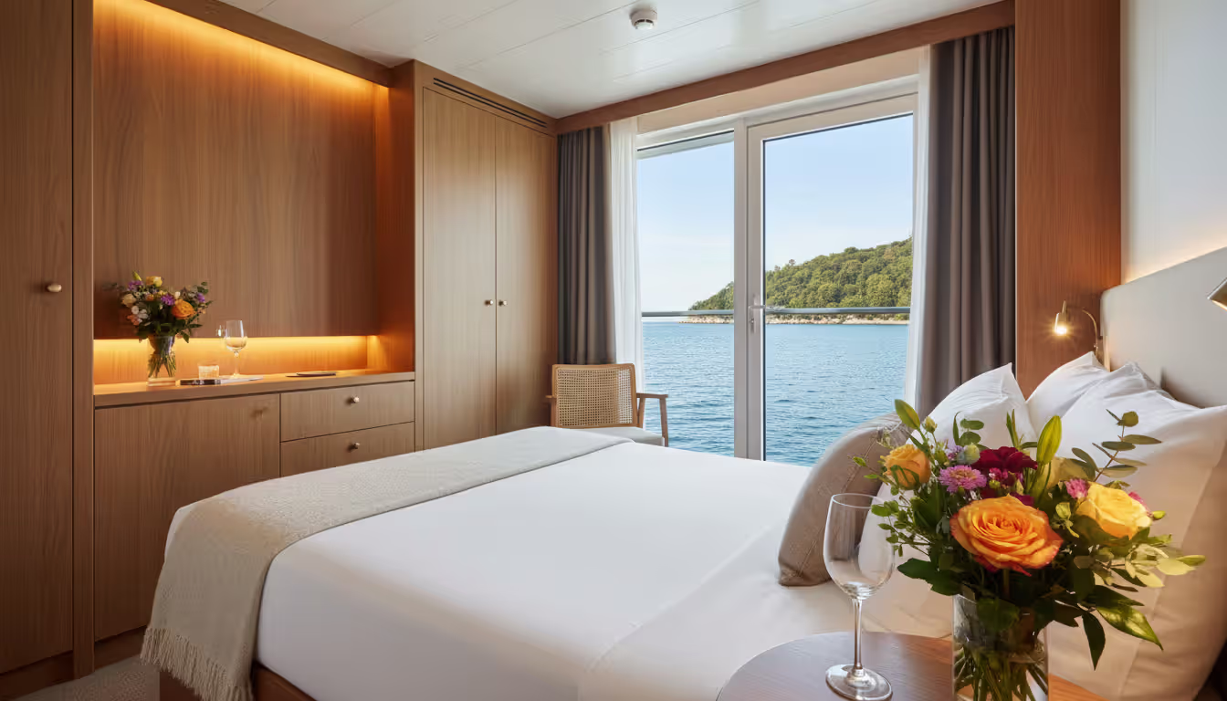 Cozy small cruise ship cabin with a panoramic ocean view window, white bedding, and warm wooden interior