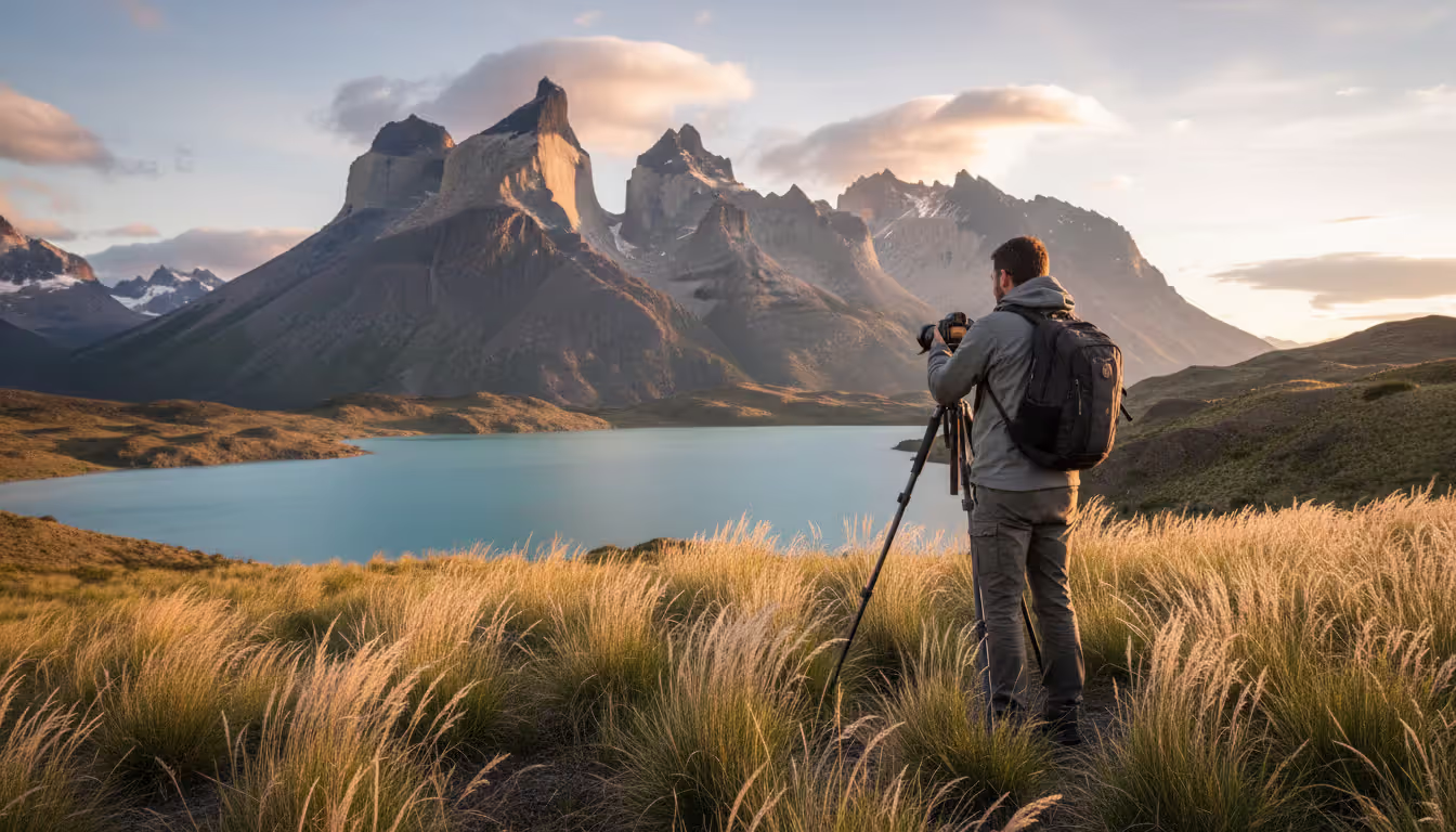 Photographer with tripod capturing Torres del Paine mountain landscape in Patagonia during golden morning light