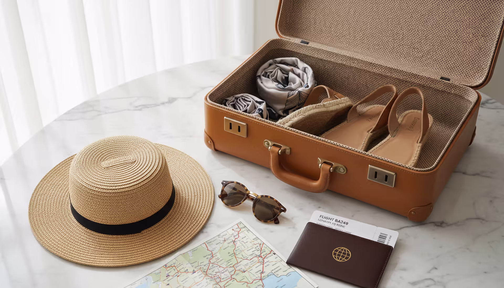 Luxury leather suitcase with travel essentials including passport, sunglasses, and straw hat on marble surface