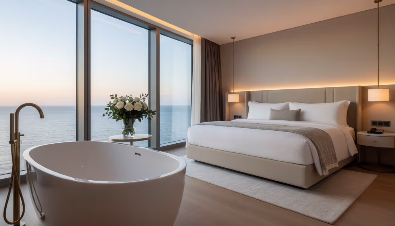 Luxury resort suite with king bed, freestanding soaking tub, and panoramic ocean view at sunset