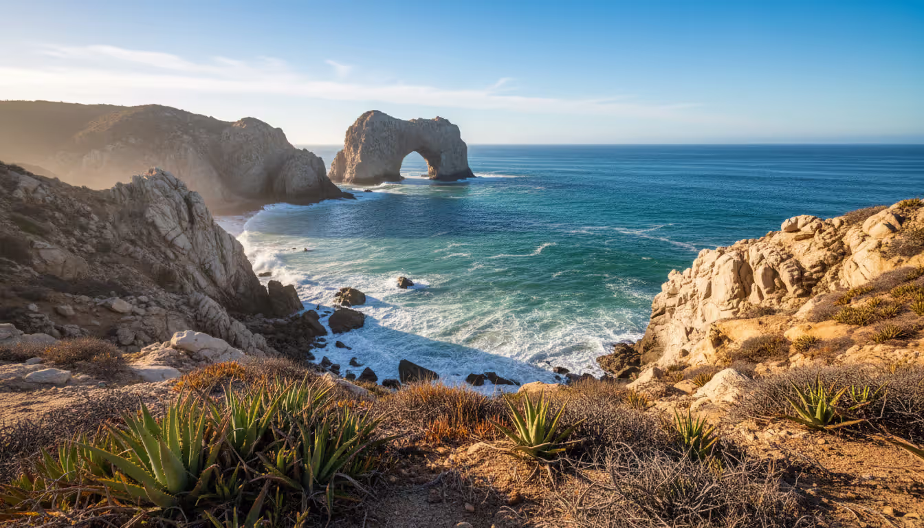 Rocky coastline of Los Cabos Mexico with El Arco rock formation and turquoise Pacific Ocean water