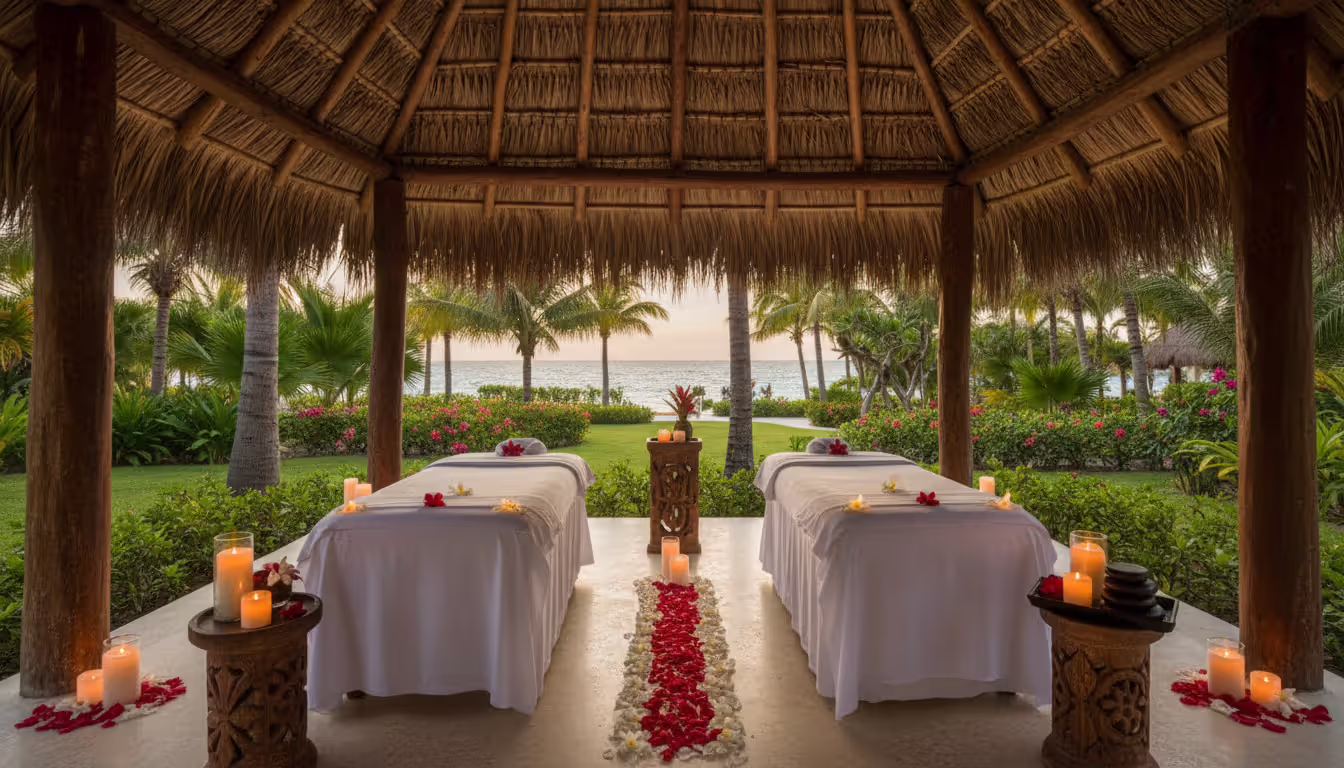 Open-air spa pavilion at a luxury Mexican resort with massage tables, tropical garden and ocean view, candles, flower petals, and hot stones in a serene atmosphere