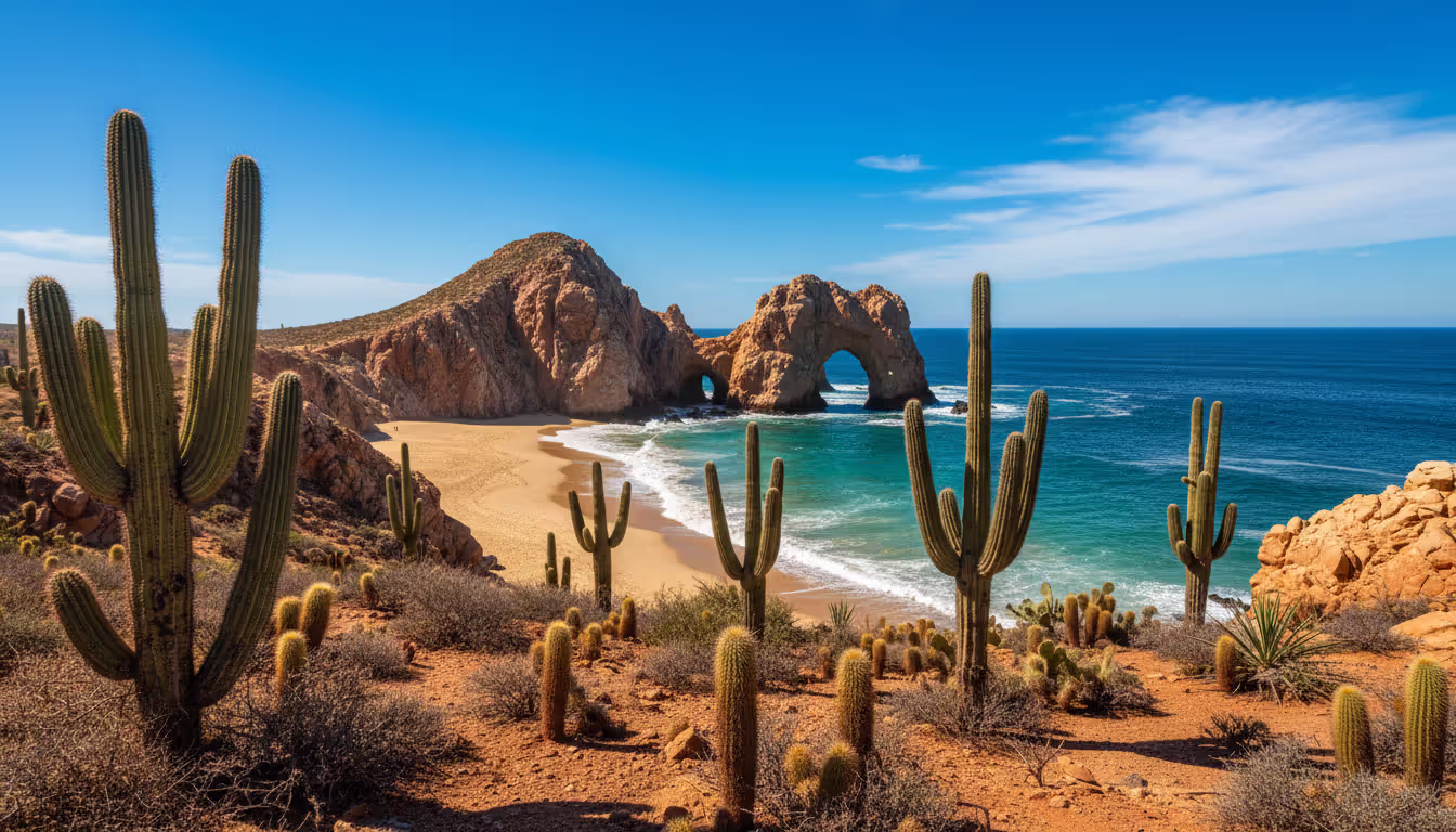 Desert landscape of Los Cabos Mexico with El Arco rock formation cactus and ocean