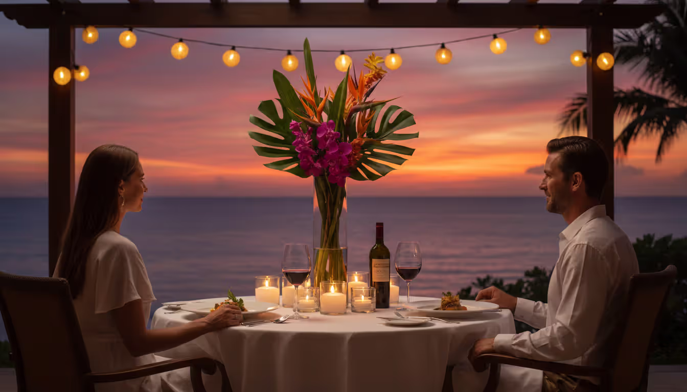 Romantic candlelit dinner for two on ocean terrace at luxury resort during sunset