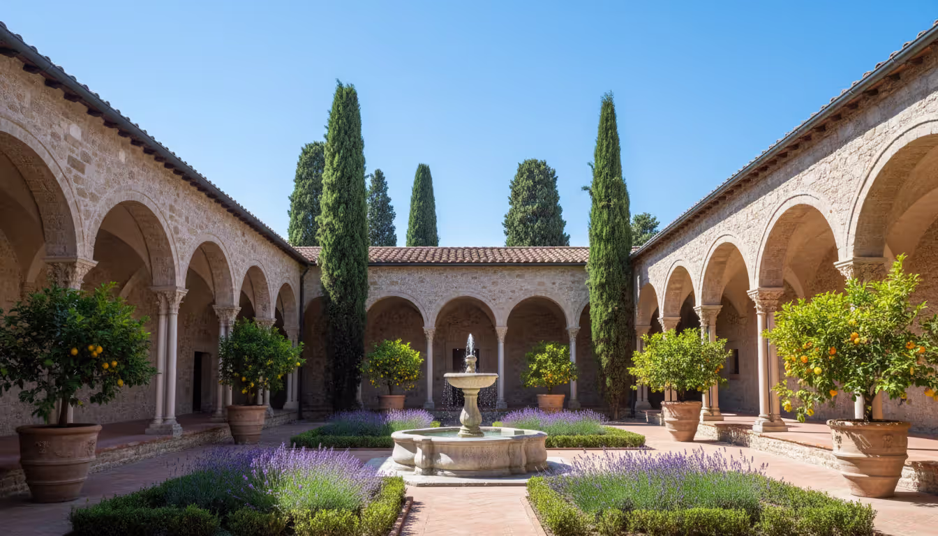 Sunlit Italian monastery cloister courtyard converted into heritage hotel garden with stone arches cypress trees lavender and a fountain