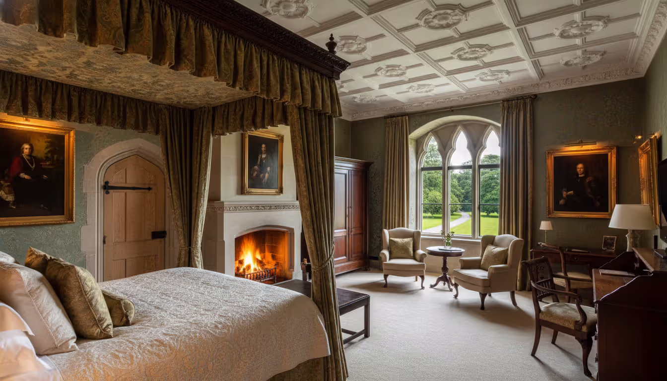 Luxurious bedroom interior inside an Irish castle hotel with canopy bed antique furniture fireplace and tall arched window overlooking green grounds