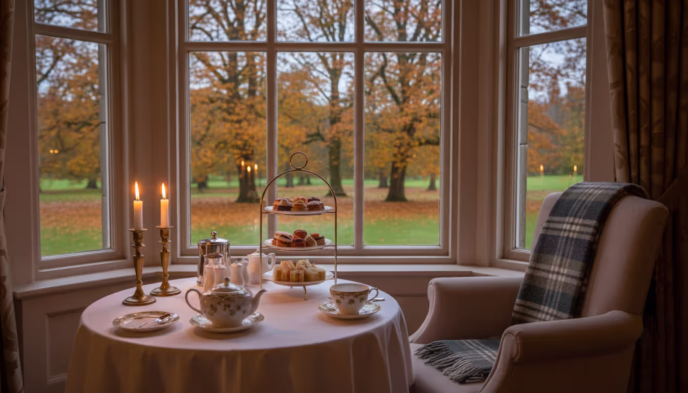 Elegant afternoon tea setting inside an Irish castle hotel with fine china pastries candles and autumn foliage view through the window