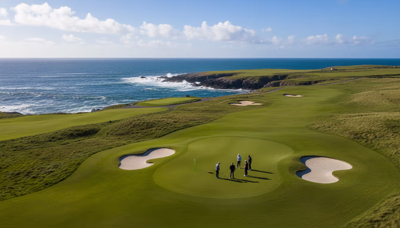 Aerial view of an Irish coastal links golf course with emerald fairways white bunkers Atlantic waves and golfers on the green on a sunny day