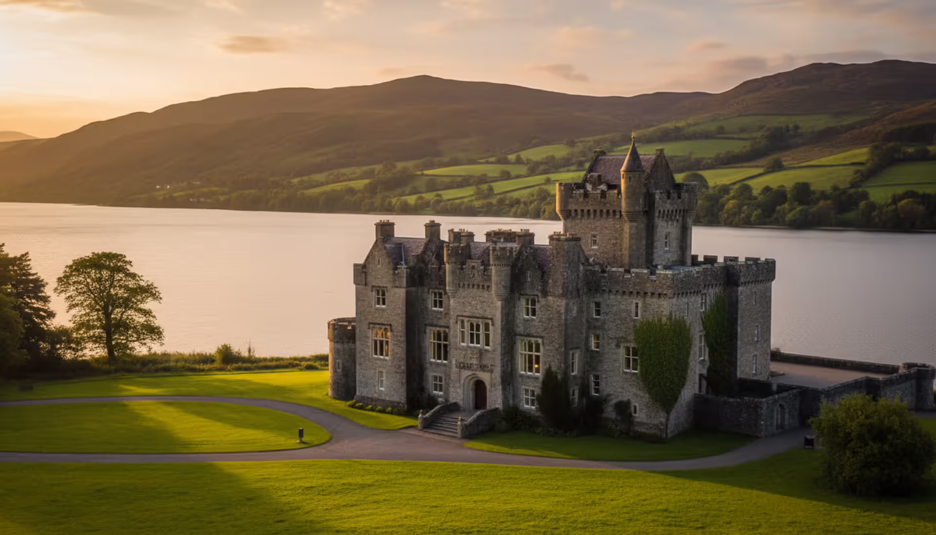 Majestic Irish castle hotel on a calm lake shore surrounded by lush green hills at sunset with golden light reflections