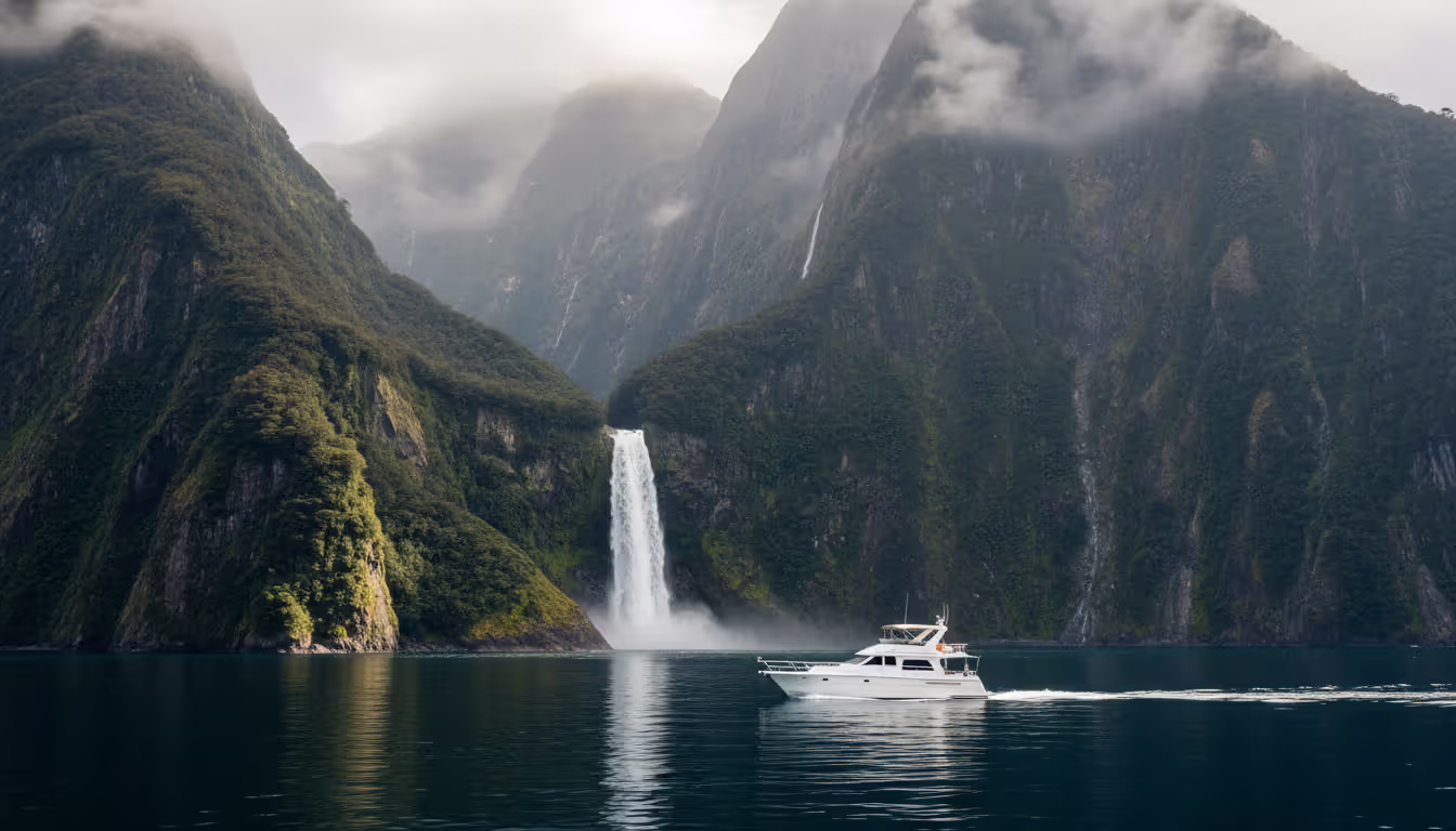 Milford Sound fjord in New Zealand with steep green cliffs, a waterfall cascading into dark blue water, and a small luxury cruise vessel