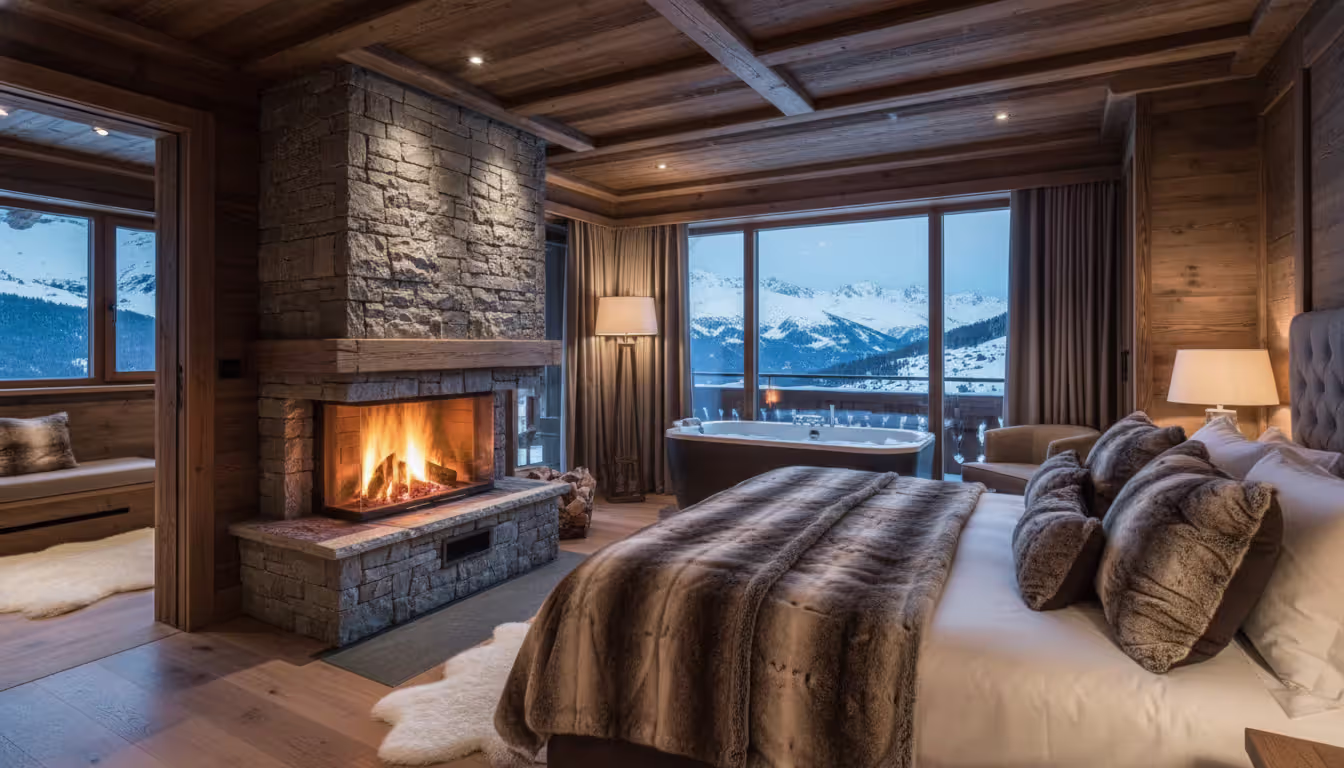 Luxurious mountain hotel suite interior with a fireplace, floor-to-ceiling windows overlooking snowy peaks, deep soaking tub, and alpine wooden decor