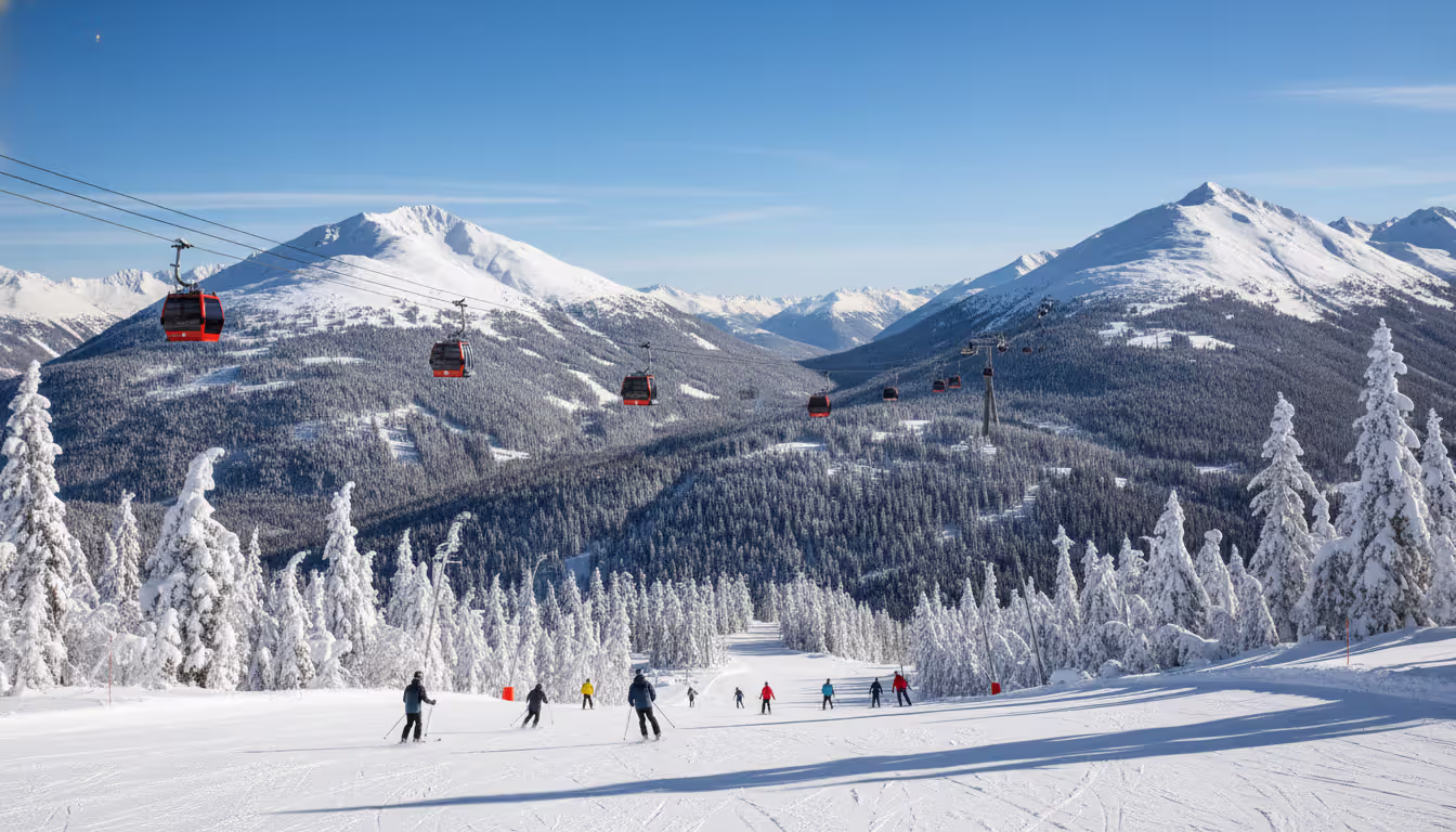 Winter landscape of Whistler Blackcomb ski resort with Peak 2 Peak gondola connecting two mountains, snow-covered trees, skiers on a groomed run, and bright blue sky