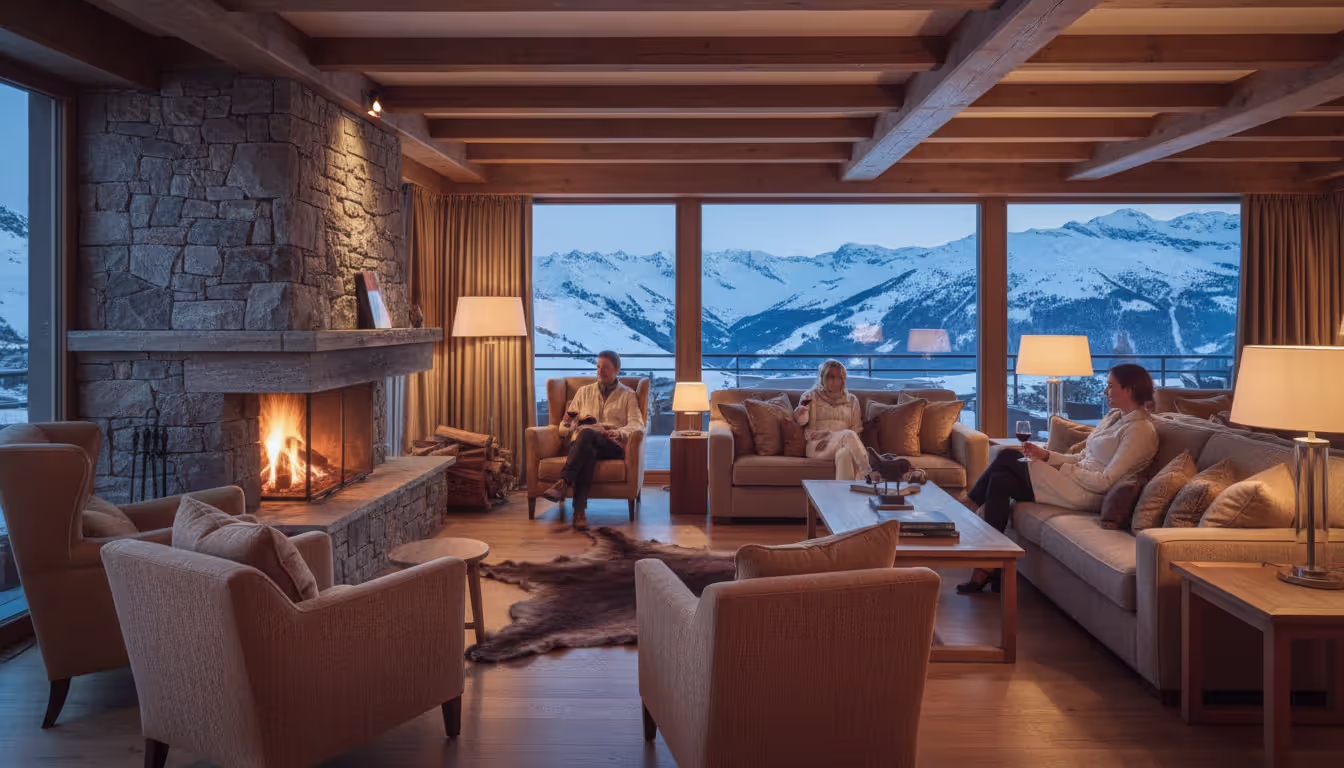 Elegant après-ski lounge scene in a luxury mountain hotel with guests relaxing by a fireplace, wine glasses, warm lighting, wooden ceiling beams, and evening mountain views through large windows