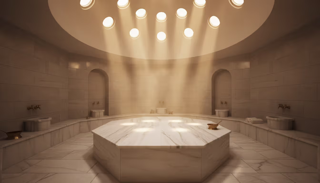Interior of a traditional Turkish hammam with domed ceiling, round skylights, marble heated platform, and rising steam