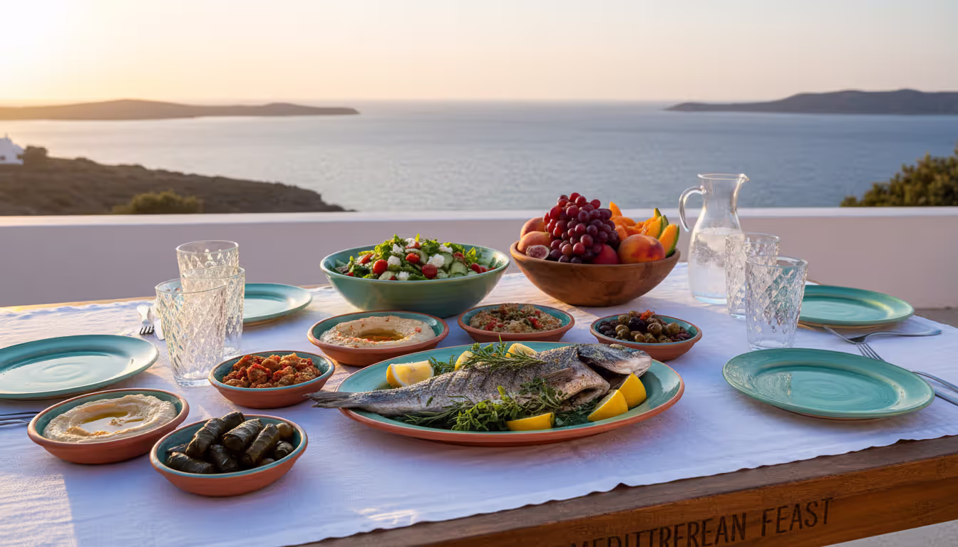 Mediterranean cuisine served on an open-air seaside terrace featuring grilled fish, vegetable mezze, salad with olive oil, and fresh fruits