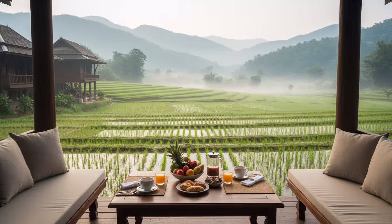 Boutique teak wood hotel terrace with breakfast setting overlooking green rice paddies and misty mountains in northern Chiang Mai Thailand on a tranquil morning