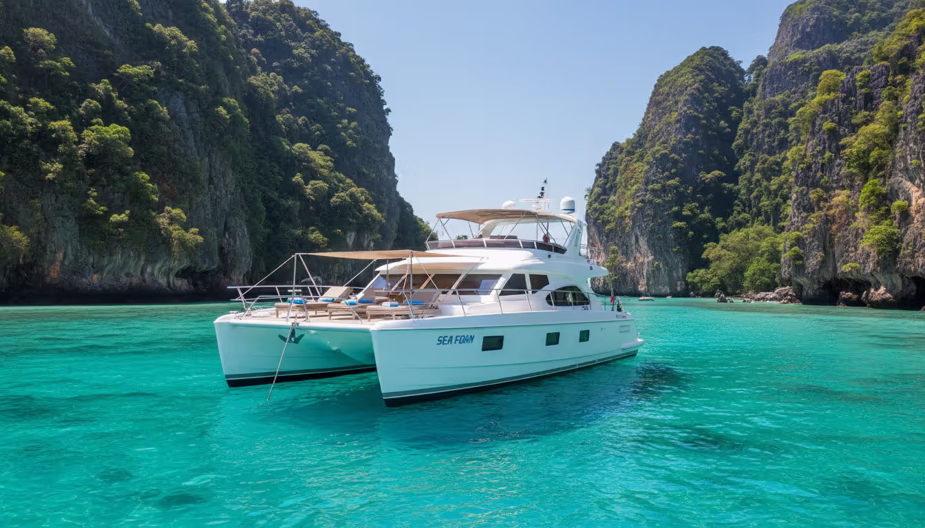 Luxury private yacht anchored in a turquoise bay surrounded by towering limestone cliffs covered with tropical greenery in Phang Nga Bay Thailand on a sunny day