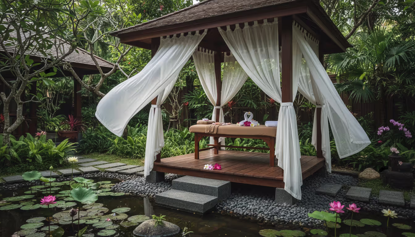 Open-air luxury Thai spa pavilion with white curtains, massage table with fresh frangipani flowers, surrounded by a lotus pond and lush tropical garden in soft natural light