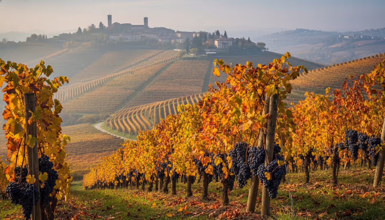 Autumn Piedmont Barolo hills with golden vineyard terraces, ripe Nebbiolo grapes, and a small Italian hilltop village in morning mist