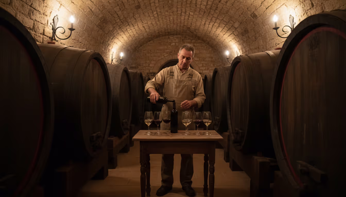 Intimate private wine tasting in an ancient stone cellar with a winemaker pouring wine at a wooden table surrounded by oak barrels under arched stone ceiling